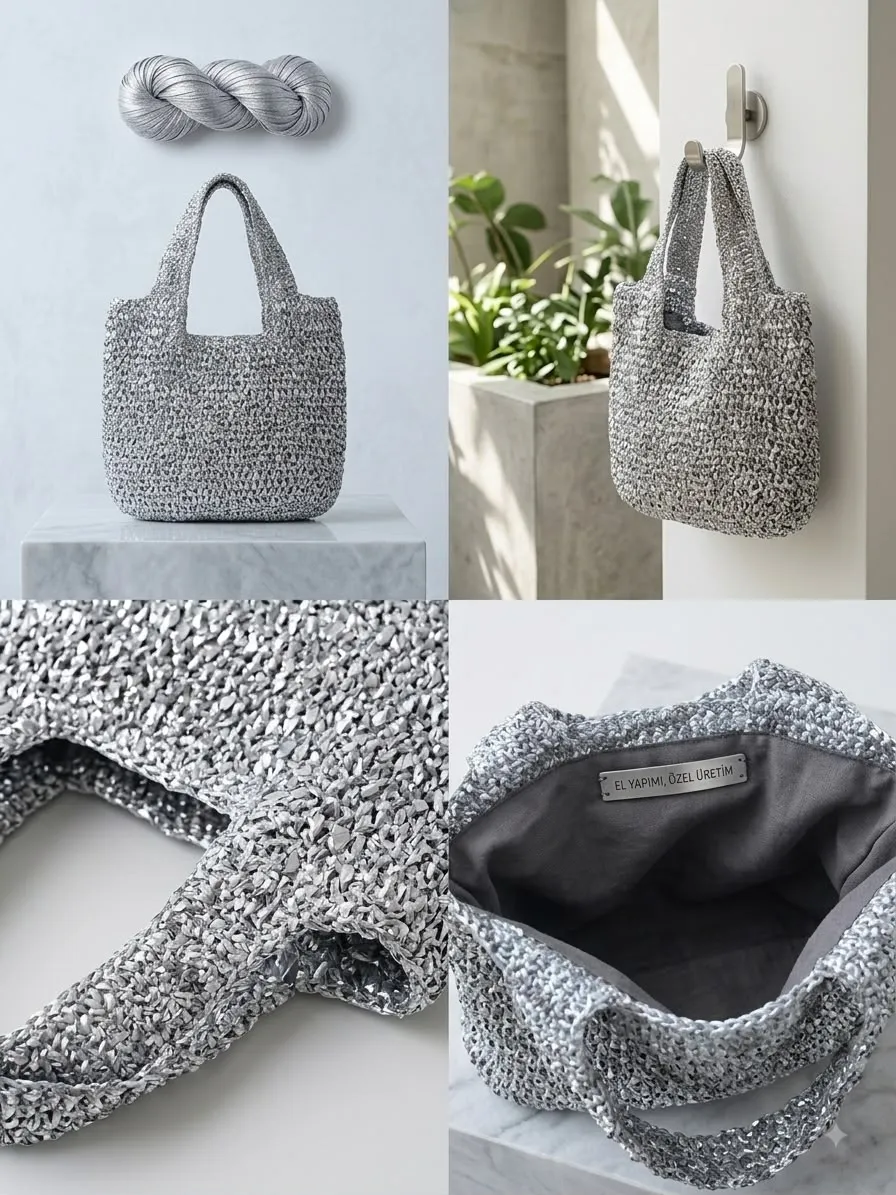 Metallic Silver Handmade Tote Bag | Özel Üretim Astarlı Parlak Örgü Omuz Çantası